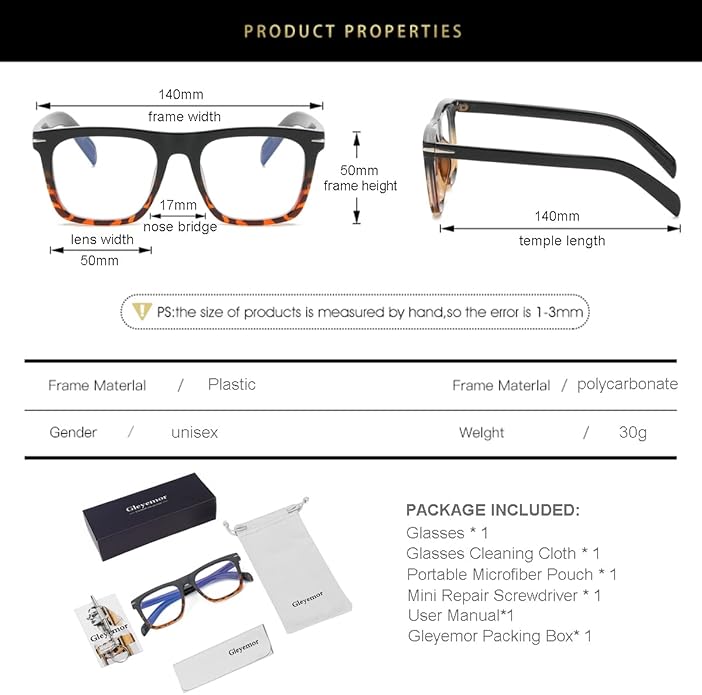 Gleyemor Blue Light Glasses for Men Women Trendy Square Frame Blue Light Blocking Lens Computer Glasses