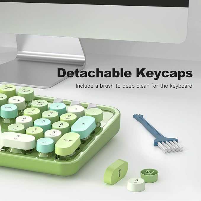 Computer Keyboard Wired, Plug Play USB Retro Round Typewriter Keyboard, Full Size Wired Keyboard with Foldable Stands for Laptop and Office PC - Green Colorful