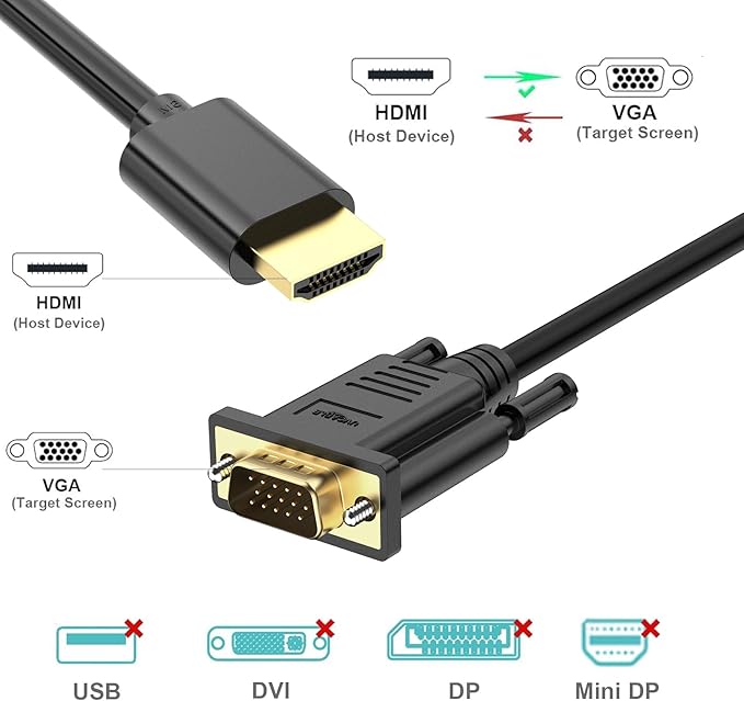 HDMI to VGA Cable Adapter, Gold-Plated 6 Feet HDMI to VGA Male to Male Cord for Computer, Desktop, Laptop, PC, Monitor, Projector, HDTV, and More (NOT Bidirectional)