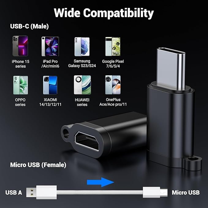 Fidioto (5Pack) Micro USB to USB C Adapter, USB C Male to Micro USB Female Adapter Support Charging & Data TransferCompatible with Galaxy S10 S9 S8 Plus iPhone 16/15 Pro/16 Plus/Note 9/8 etc
