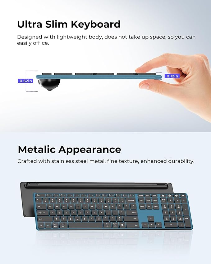 seenda Wireless Bluetooth Keyboard and Mouse Combo, SKM64-3 Rechargeable Slim Quiet Keyboard Mouse, 3 Multi-Device Connection, Compatible for Windows, Mac, MacBook, iPad, Tablet, Black Blue