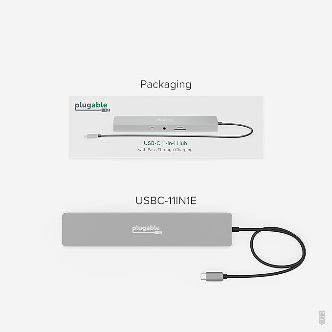 Plugable 11-in-1 USB-C Hub, 100W USB-C Pass-Through, Laptop Docking Station Dual Monitor, 4K 60Hz HDMI, Compatible with Thunderbolt, Windows, Chromebooks, Displays Mirrored on Mac