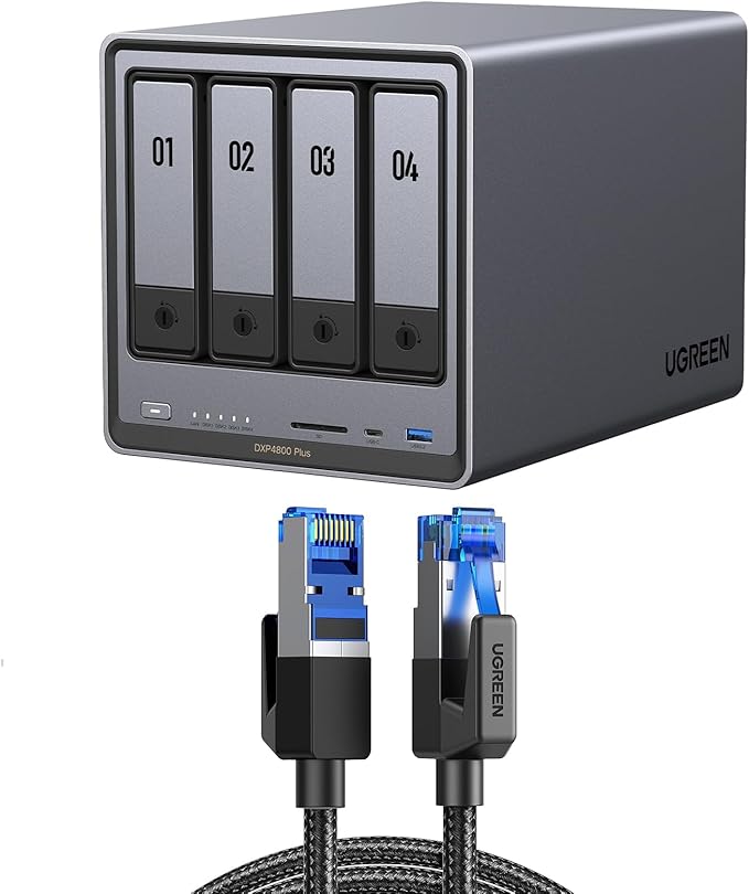 UGREEN NASync DXP4800 Plus 4-Bay Desktop NAS Massive Storage Capacity Up to 136TB Bundle with UGREEN 3 FT High Speed Braided 40Gbps 2000Mhz Network Cord Cat8 RJ45 Shielded Indoor Heavy Duty LAN Cables