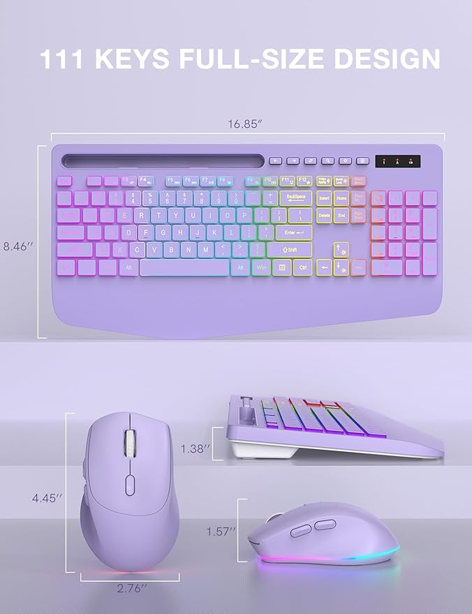 SABLUTE Wireless Keyboard and Mouse Combo, 9 Backlit Effects, Wrist Rest, Phone Holder, 2.4G Lag-Free Ergonomic Keyboards, KM22 MAX Rechargeable Silent Set for Computer, Laptop, Mac, Windows（Purple）
