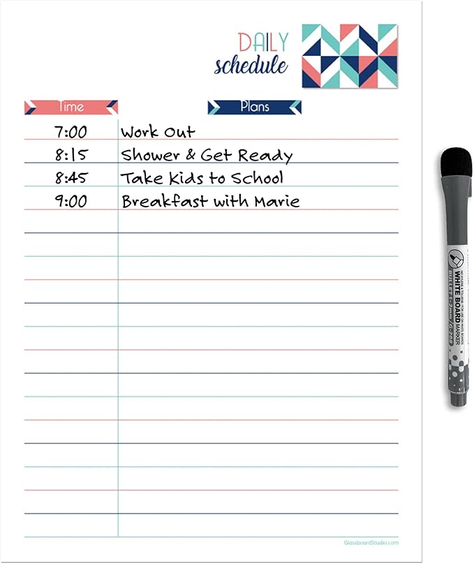 Dry Erase Daily Schedule Planner Sticker Decal by Glassboard Studio | Removable & Reusable | Magnetic Fine-Tip Marker Included (9 x 12 inches, Geometric)