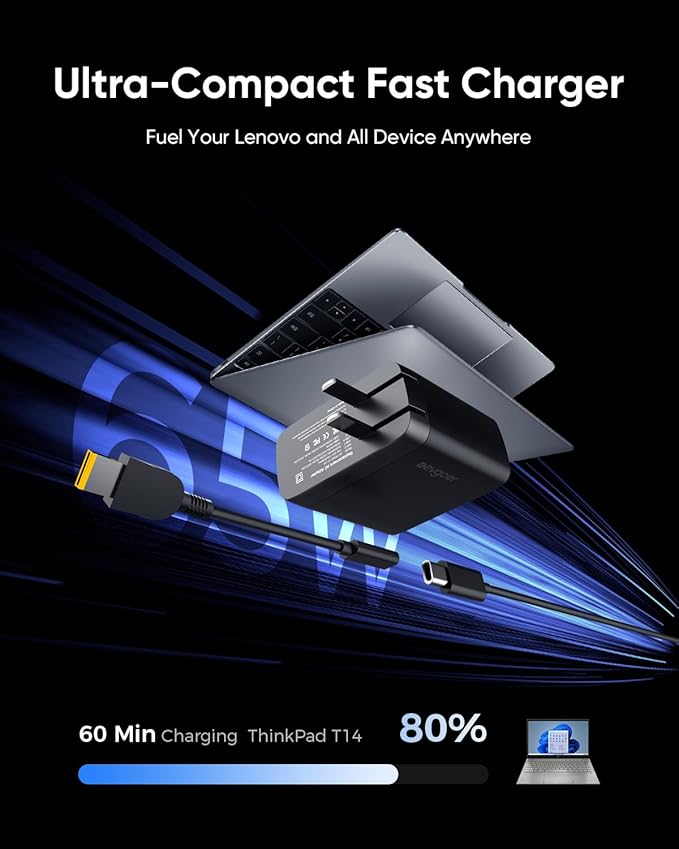 65W Lenovo Charger, Lenovo Laptop Charger for ThinkPad T/E/G Series, Compatible with 11x4.5mm Square Tip & All USB-C Devices