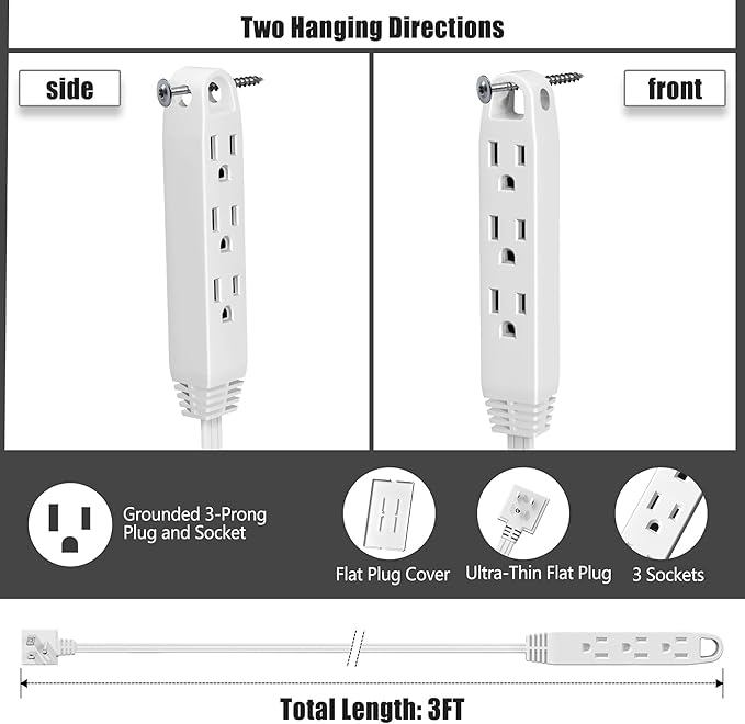 2 Pack 3FT Flat Plug Extension Cord Power Strip with 3 Outlets, Patented Detachable Ultra-Thin Outlet Cover Concealer & Ultra-Flat Plug, Max. 13A 125V 1625W ETL Listed, White Color