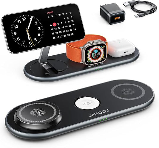 JARGOU Foldable 3 in 1 Wireless Charging Station for Apple with Magsafe Charger Stand, Fast Magnetic Wireless Charger for iPhone 17 Air 16 15 14 13 12, for iWatch, for AirPods (Light Black)