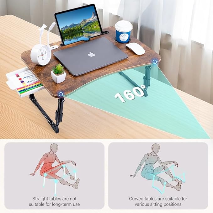 BYMECOST Laptop Desk for Bed, Height Adjustable Laptop Bed Table, Foldable Portable Lap Desk Stand with USB/Storage Drawer/Cup Holder/Slot, Breakfast Tray for Working Reading Writing Eating