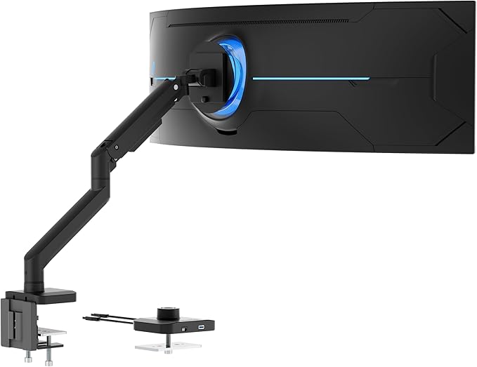 Mount-It! Proflex Series Heavy-Duty Monitor Desk Mount, Fits 17–49” Ultrawide Curved Screens, Full Motion Gas Spring Arm, 44 lbs Capacity, USB-C & USB 3.0 Ports, VESA 75/100, Clamp or Grommet Base