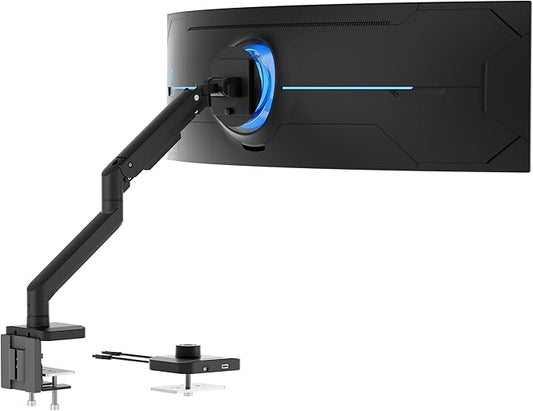Mount-It! Proflex Series Heavy-Duty Monitor Desk Mount, Fits 17–49” Ultrawide Curved Screens, Full Motion Gas Spring Arm, 44 lbs Capacity, USB-C & USB 3.0 Ports, VESA 75/100, Clamp or Grommet Base