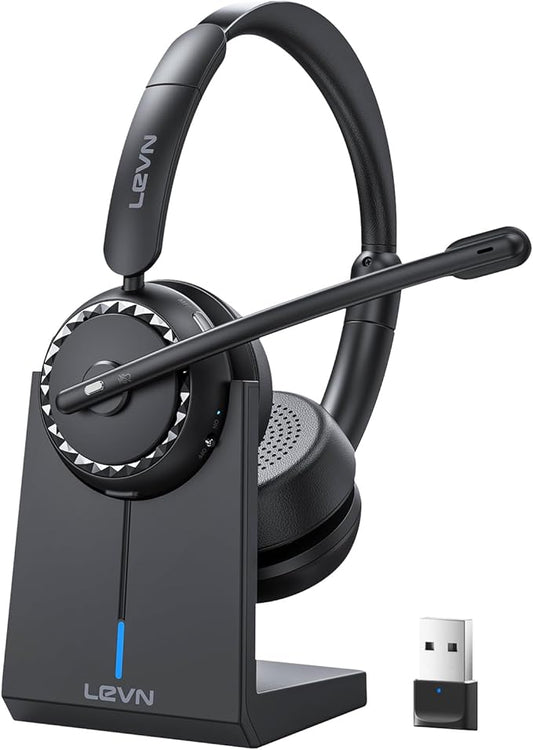 LEVN Wireless Headset, Wireless Headset with Mic for Work, (Noise Cancelling & Mute Button), Bluetooth Headset with Microphone from Home/Office/PC/Call Center/Computer/Laptop/Teams/Zoom (Black)