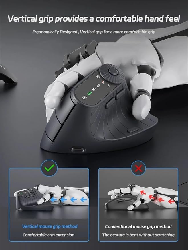 JOMAA Wireless 2.4G & Dual Bluetooth Three-Channel Ergonomic Vertical Mouse Adjustable DPI, Multi-Function Turntable for PC, Laptop, MacBook, Rechargeable (Black)