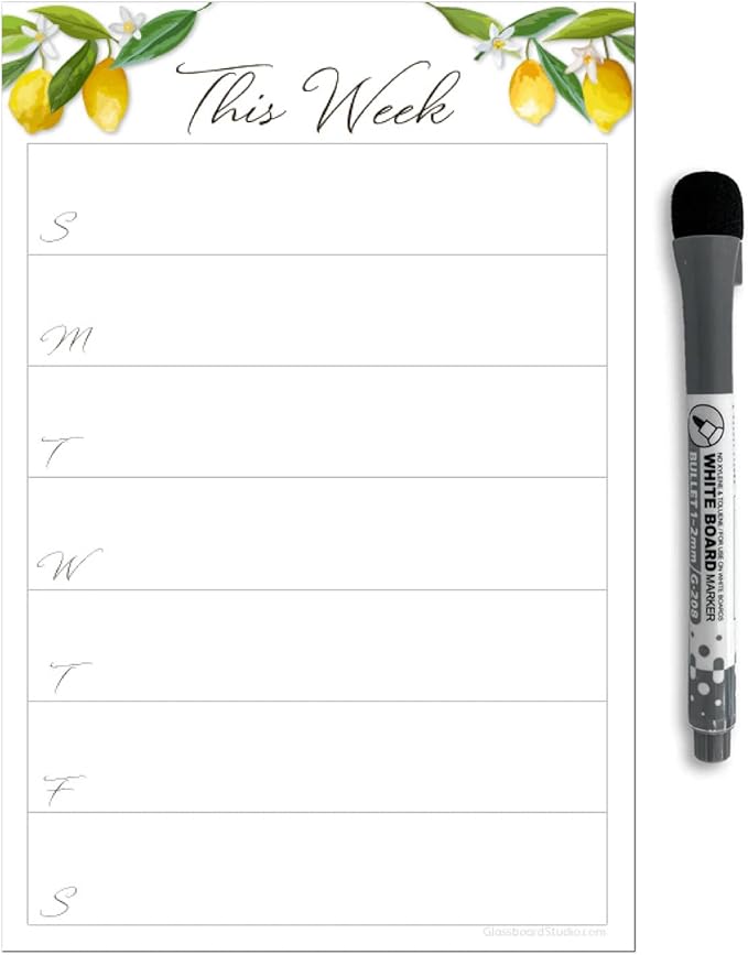 Dry Erase Weekly Calendar Planner Sticker Decal | Removable & Reusable | Magnetic Fine-Tip Marker Included (6 x 9 inches, Lemon Fresh)