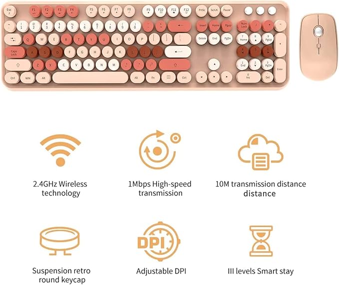 Wireless Keyboard and Mouse Combo,Retro Typewriter Keyboard with 104 Cute Colorful Round Keys,Brown Coffee keyboard and Mouse Set for Long Nail,2.4GHz Full Size Keyboard with 3 DPI Mouse for PC Laptop