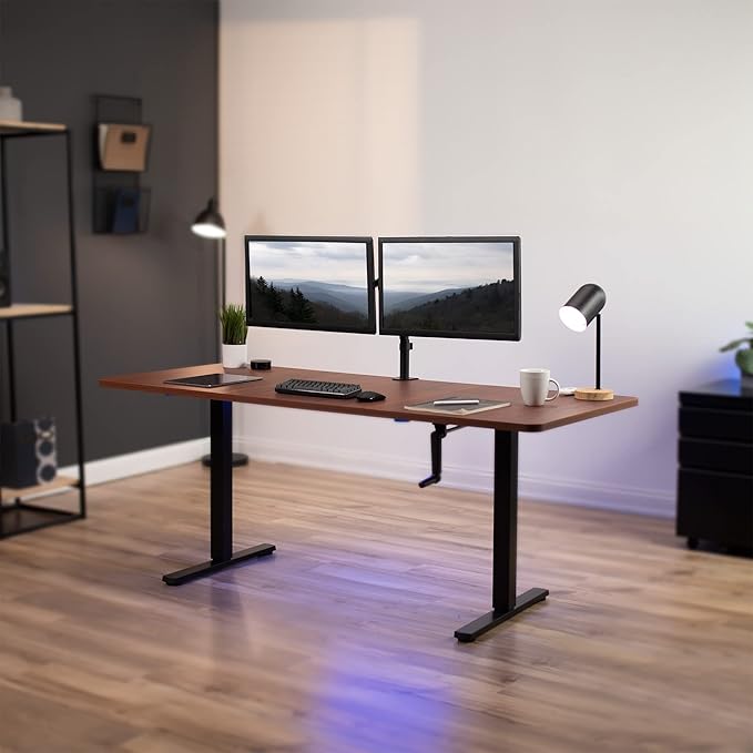 VIVO Manual Height Adjustable 71 x 30 inch Stand Up Desk, Dark Walnut Table Top, Black Frame, Standing Workstation with Foldable Handle, DESK-KIT-MB7D