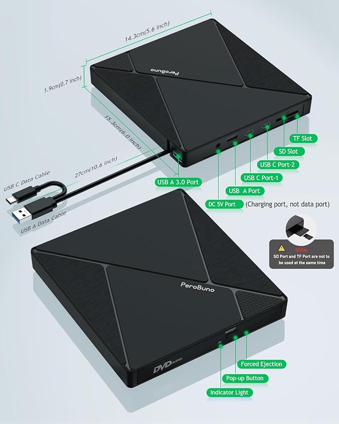 PeroBuno External CD DVD Drive, USB 3.0 Optical Disc Drive, 4 USB Ports and 2 TF/SD Card Slots, CD DVD Burner Writer Reader Player for Laptop MacBook iMac Desktop PC Windows 11/10/8/7/XP Linux Mac OS