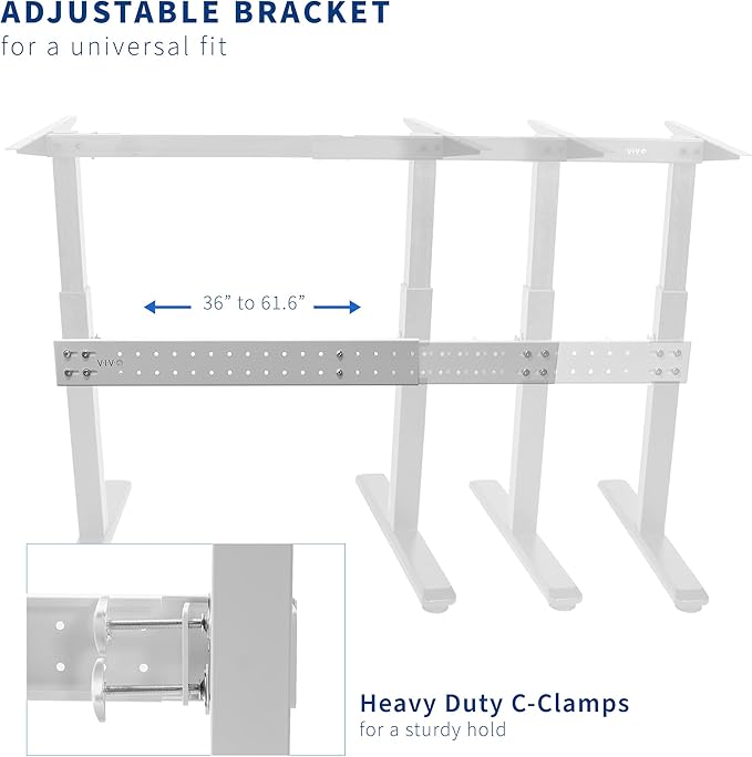 VIVO White Universal Steel Clamp-on Desk Stabilizer Bar for Sturdy Reinforced Workstation, 36 to 61.6 inch Bracket Support System for Sit to Stand Desk Frames, Expandable Width Adjustment, DESK-STB01W