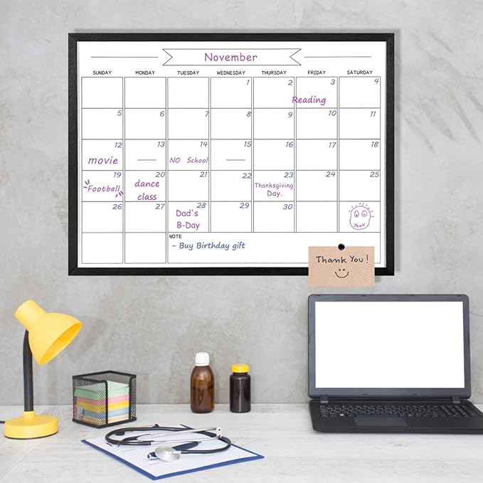 Dry Erase Monthly Calendar Whiteboard, Magnetic Whiteboard for Wall, Solid Pine Wood Black Framed Message BoardHanging Board for Office, Home School, 17.7"x 23.6"(YL-BK-4560-B)