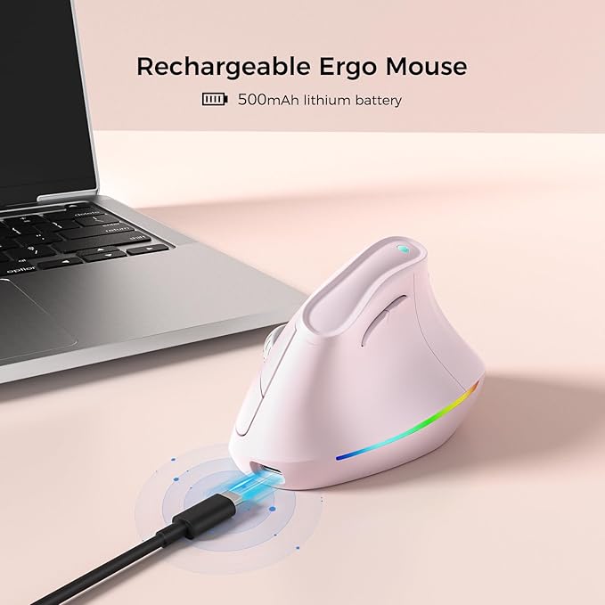 KYSONA 57° Wireless Ergonomic Mouse, Vertical Mouse, Carpal Tunnel Mouse, RGB Light, Rechargeable, Bluetooth & 2.4G, 5-Level DPI Adjustment, Quiet Click Ergo Mice Compatible with PC/Laptop/Mac, Pink