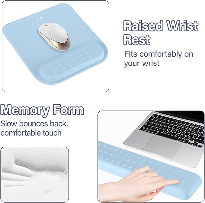 MOSISO Computer Keyboard Stand&Wrist Rest Support for Keyboard &Mouse Pad Set, Ergonomic Massage Wrist Rest Set, Easy Typing Working Acrylic Clear Stand for Office Home, Air Blue