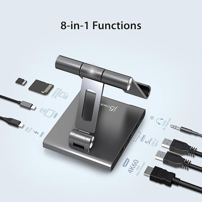 j5create Adjustable Tablet Stand with USB Type C Docking Station for iPad Pro/Air/mini : 4K60 HDMI, 2 x USB-A 5Gbps, 100W PD Charging, microSD/SD Card Reader, 3.5mm Audio Jack (JTS224)