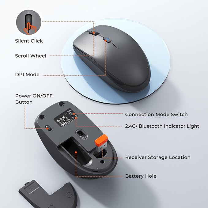 Wireless Keyboard and Mouse Combo, 2.4G/Bluetooth Silent Full-Size Cordless Keyboard Mouse Combo, 3800 DPI Optical Mouse, Wrist Rest, Portable Keyboard Mouse Set for Mac, Windows, Laptop