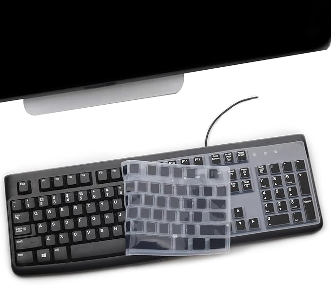 2 Pack Keyboard Cover for Logitech K120 & MK120 Ergonomic Desktop USB Keyboard, Logitech K120 & MK120 US Layout Waterproof Anti-Dust Keyboard Skin-Black+Clear