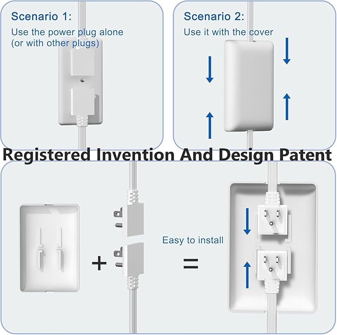 Dual 6FT Ultra-Thin Outlet Concealer, Universal Size Outlet Cover 6FT Twin Extension Cord with 3 Outlets Each Side, Ideal for Home Appliances on Opposite Sides of a Wall Outlet
