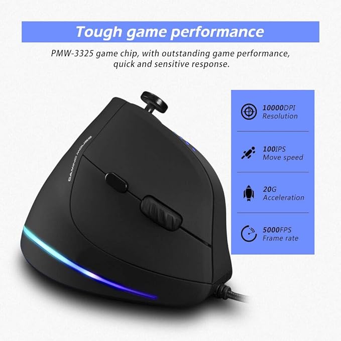 Vertical Mouse, Ergonomic USB Wired Vertical Mouse with [5 D Rocker] [10000 DPI] [11 Programmable Buttons], RGB Gaming Mouse for Gamer/PC/Laptop/Computer
