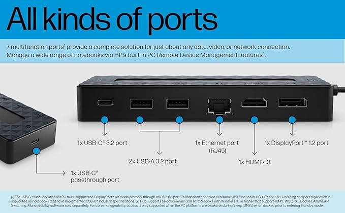 HP Universal USB-C 7-in-1 Multiport Hub Docking Station Bundle w/DKZ Hub, 4 USB Ports, Display Port 1.2, HDMI 2.0, RJ-45, USB-C Powered, No Power Supply, w/Single Cable Connection to Any Brand Laptop