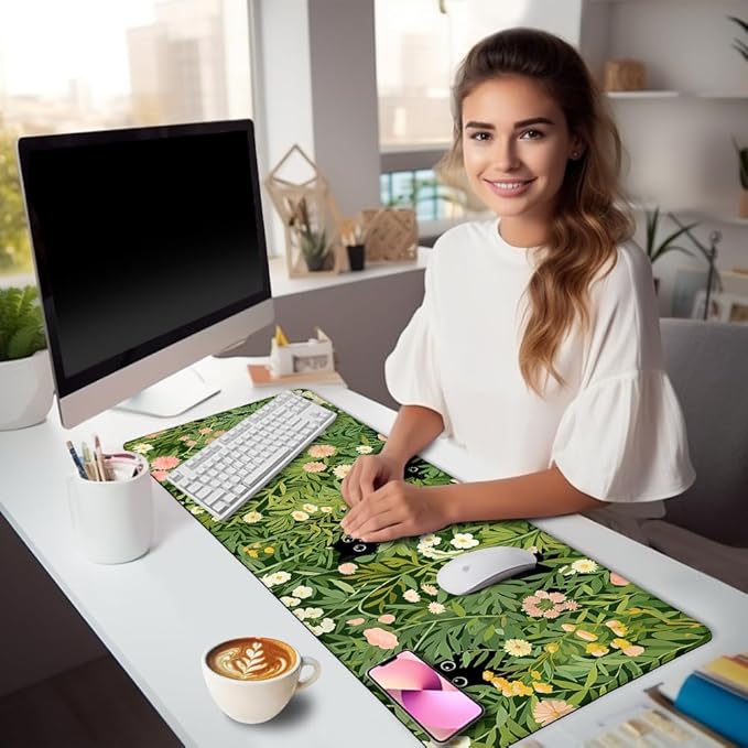 Anime Cat Mouse Pad Green Desk Mat, XL Gaming Mouse Pad with Stitched Edges Non-Slip, Large Keyboard Mat for Desktop Computer Laptop Work Home Cute Office Desk Accessories 31.5x11.8 in