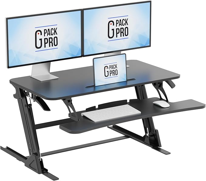 36″ Wide Standing Desk Converter – Sit-to-Stand Workstation for Dual Monitors, Height Adjustable Up to 17.3″ with Large Keyboard Tray – Black