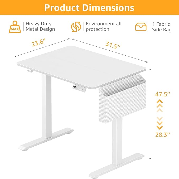 White Electric Standing Desk - 32 Inch Small Adjustable Height Stand up Desk for Writing Study Work, Mini Sit to Stand Desks Workstation for Small Space Adult Boys Girls Bedroom Home Office