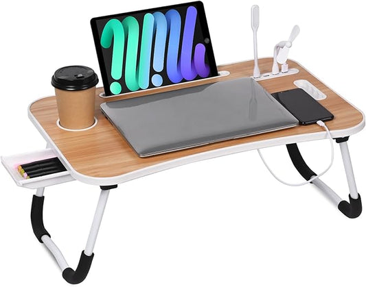 23.6 inch Portable Bed Desk, Folding Lap Desk with 4 USB Ports, Wind Fan, LED Light, Cup Holder and Side Drawer for Working, Reading, Writing, Eating on Bed, Sofa, Floor (Wood)