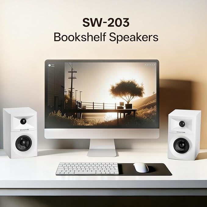 Sanyun SW203 4.0 Computer Speakers - 60W 4-Way DSP Control 3D Immersive Sound - 3" Carbon Fiber Woofer & 20mm Silk Dome Tweeter - 24bit DAC USB/Bluetooth 5.4/AUX - Studio-Grade Audio (Pair, White)