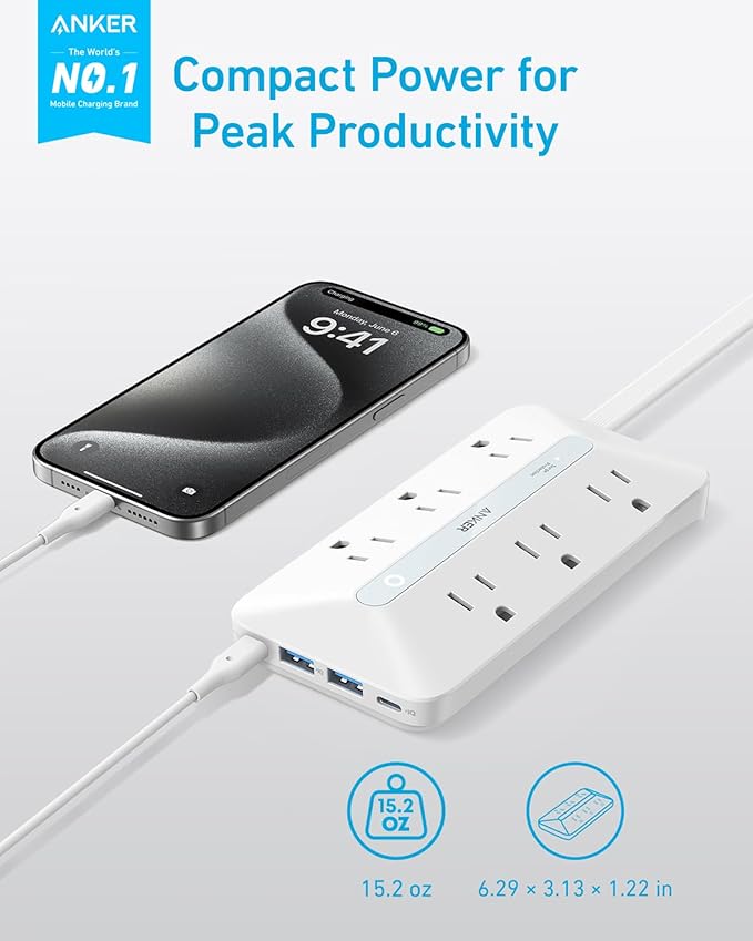 Anker Power Strip with 300J Surge Protector, Flat Plug Extension Cord with Multiple Outlets, 6 AC, 2 USB A & 2 USB C Ports for 20W, 5ft Outlet Extender, Dorm Room Essentials, Home Office