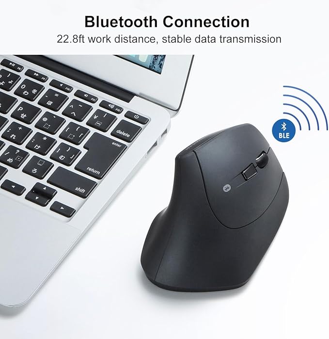 SANWA Bluetooth Ergonomic Mouse, Silent Click Wireless Ergo Vertical Mice, 3 Programmable Buttons, Reduce Wrist Pain, 800/1200/1600 DPI, Compatible with Mac, Laptop, Windows, Tablet, Phone