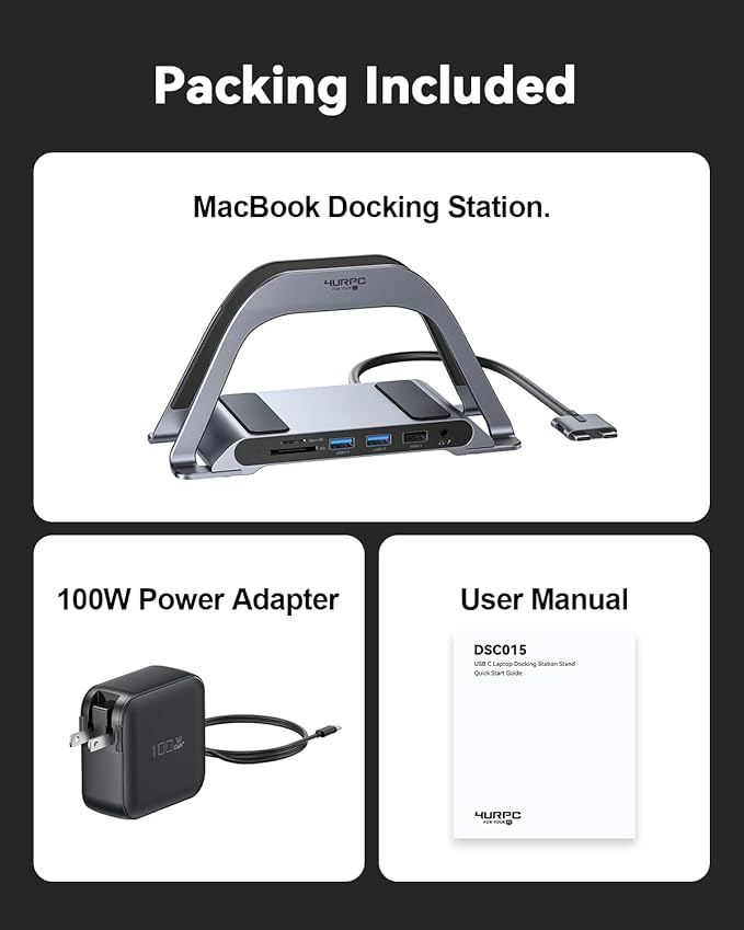 4URPC MacBook Pro Docking Station Dual Monitor 4K@60Hz with 100W Power Adapter, USB C Docking Station Vertical Stand for MacBook Pro/Air with 2 HDMI, USB 3.0, SD&microSD, Ethernet, Audio