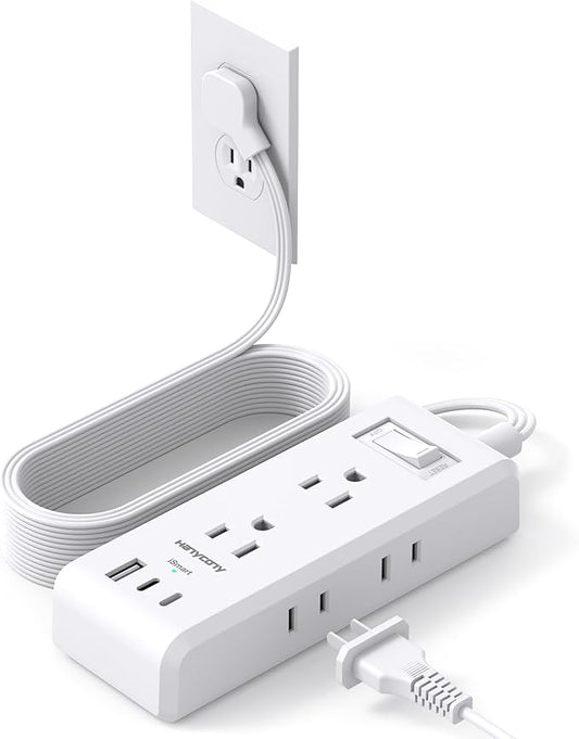 Extension Cord 10 ft, HANYCONY Flat Plug Power Strip with 6 Outlets and 3 USB Ports (2 USB C), Ultra-Thin Extension Cord, Wall Mountable, Long Cord for College Dorm Room, Office Home Essentials