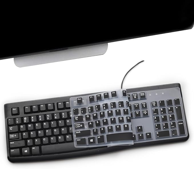 2 Pack Keyboard Cover for Logitech K120 & MK120 Ergonomic Desktop USB Keyboard, Logitech K120 & MK120 US Layout Waterproof Anti-Dust Keyboard Skin-Black+Clear