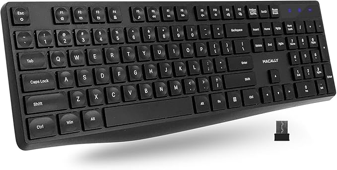 Macally Wireless Keyboard | 2.4G Computer Keyboard (Full Size, Quiet Keys) All Day Comfortable Typing with Wireless USB for Laptop, Desktop PC, Surface, Chromebook, Notebook
