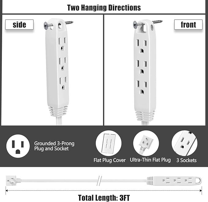 3FT Ultra Flat Plug Extension Cord Power Strip with Multi Outlets, Patented Detachable Ultra-Thin Outlet Concealer & Ultra-Flat Plug, Ideal for Home Improvement, Hide Bulky and Messy Cords