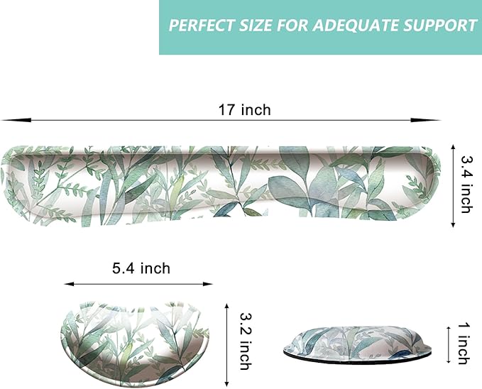 Keyboard Wrist Rest Mouse Wrist Support Set, Memory Foam Wrist Rest Pad for Computer Laptop Keyboard Mouse, Ergonomic Wrist Cushion Support for Typing Pain Relief, Gaming Home Office, Green Leaves