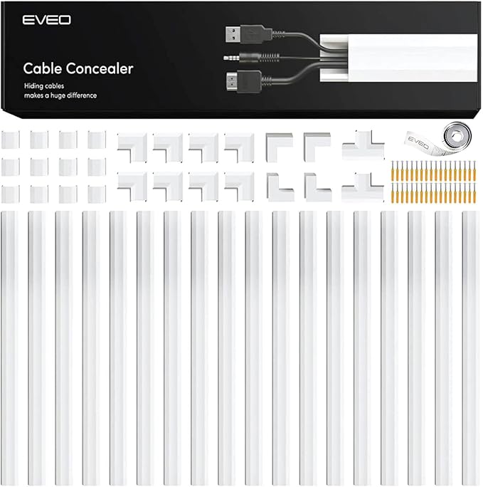 EVEO Cable Hider Wall 306” - Cable Raceway Cord Hider - Wire Covers for Cords on Wall, Cord Cover, Wall Cable Hider, Cable Concealer, Wire Hiders for TV on Wall - 20X (L16 W1.1 H0.55) - Large | White