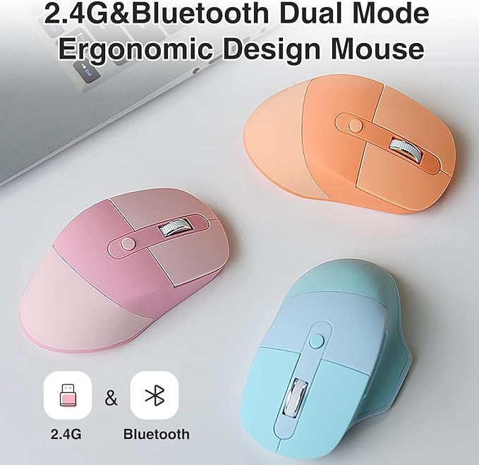 Lomiluskr Ergonomic 2.4G & Bluetooth Dual Mode Wireless Mouse with PU Cover, Soundless Keys, Candy Colors, Compatible with Notebook, PC, Tablet, Smartphone (Coffee)