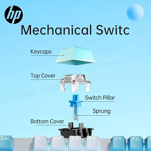 HP GK400F Mechanical Gaming Keyboard, 104 Keys Wired USB Keyboard with Tactile Brown Switches, Ice Blue LED Backlight, Full N-Key Rollover, Ergonomic Design, White & Blue Gradient