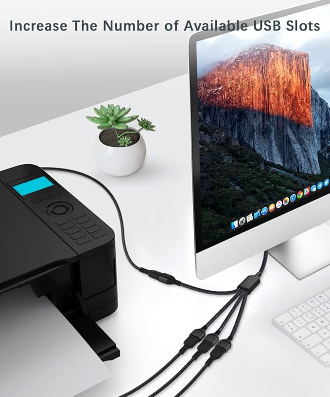 Basesailor USB Splitter 1 in 4 Out 1FT,USB Y Cable,USBA Male to Four Female Extension Cord Adapter,4 Port Multi Multiport Extender Hub,Double Dual Data Power Charger Split for Car,Xbox,PS4,PS5,Laptop