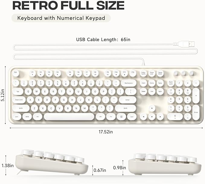 USB Wired Computer Keyboard - Retro Typewriter Keyboard - Full Size Keyboard with Number Pad for PC Laptop Desktop Windows (Creamy White)