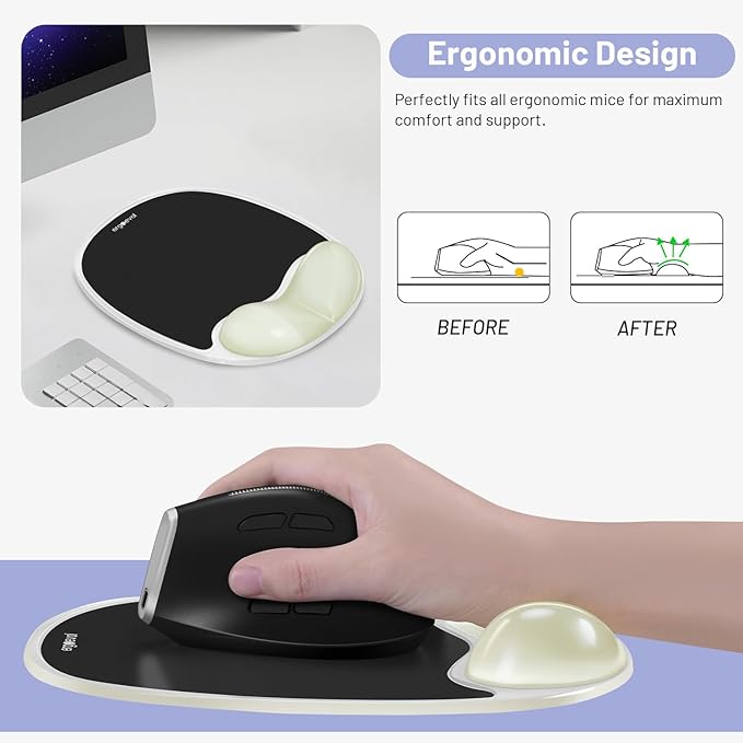 Ergonomic Mouse Pad with Wrist Rest & Elbow Support, Soft Silicone Gel Cushion, Non-Slip Base, Glow-in-The-Dark, Compatible with Vertical Ergonomic Mouse for Office & Gaming (Black)